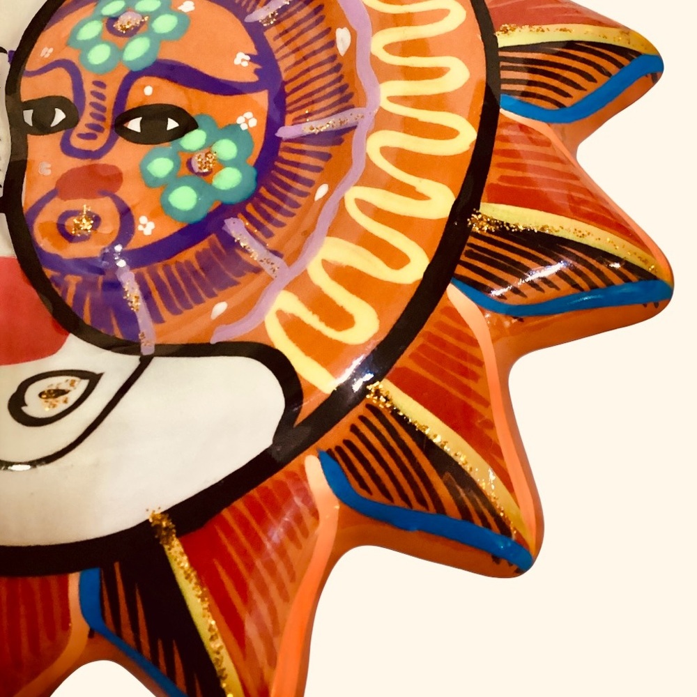 Hand-Painted Mexican Talavera Sun & Moon Eclipse Wall Hanging – Folk Art Plaque - Picture 3 of 7